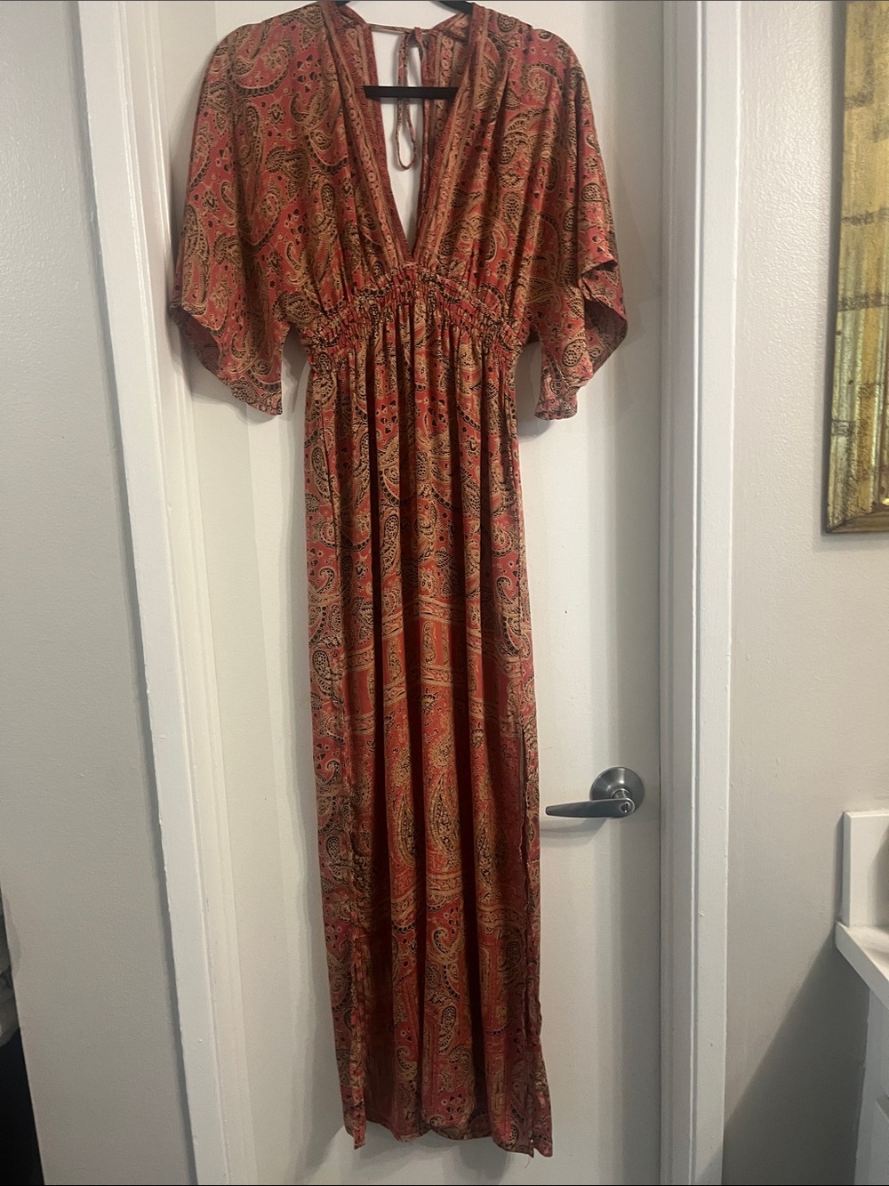 Mamey sz S Rust Orangey Pink Paisley V-Neck Maxi Dress,thin material full length